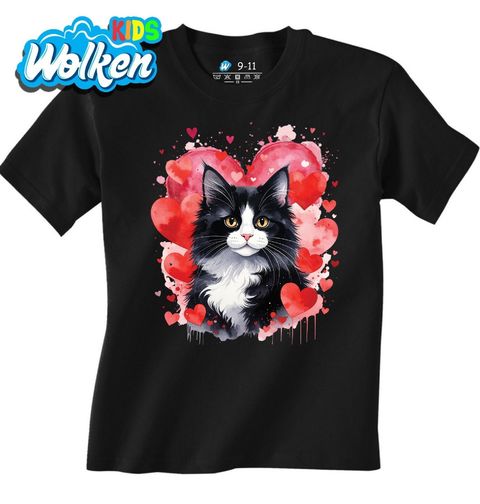 Obrázek produktu Dětské tričko Černobílá Kočka Tuxedo mezi Srdci
