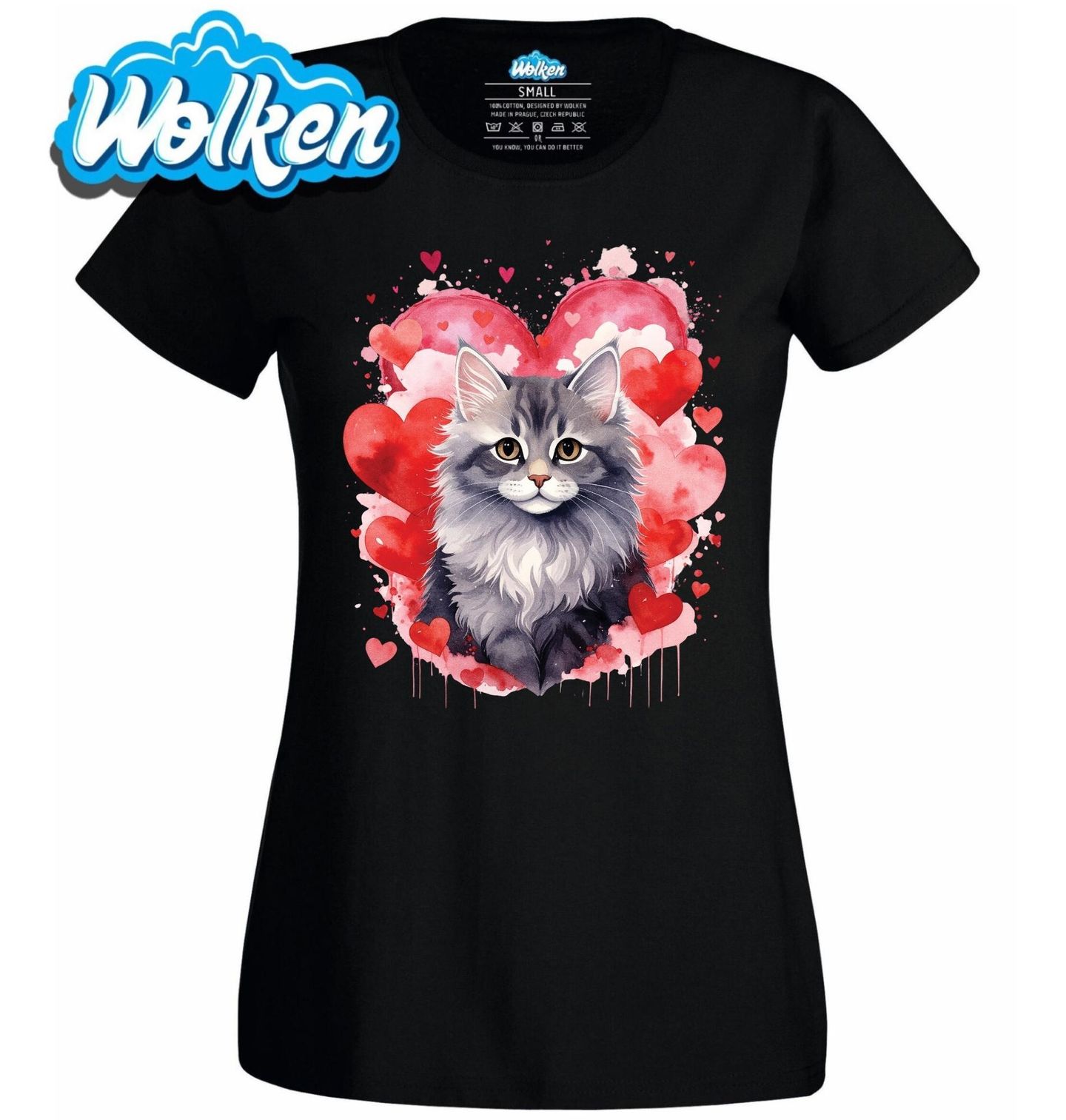 Dámské tričko Šedá Mourovatá Kočka mezi Srdci.jpg