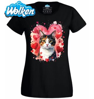 Dámské tričko Tříbarevná Kočka Calico mezi Srdci.jpg