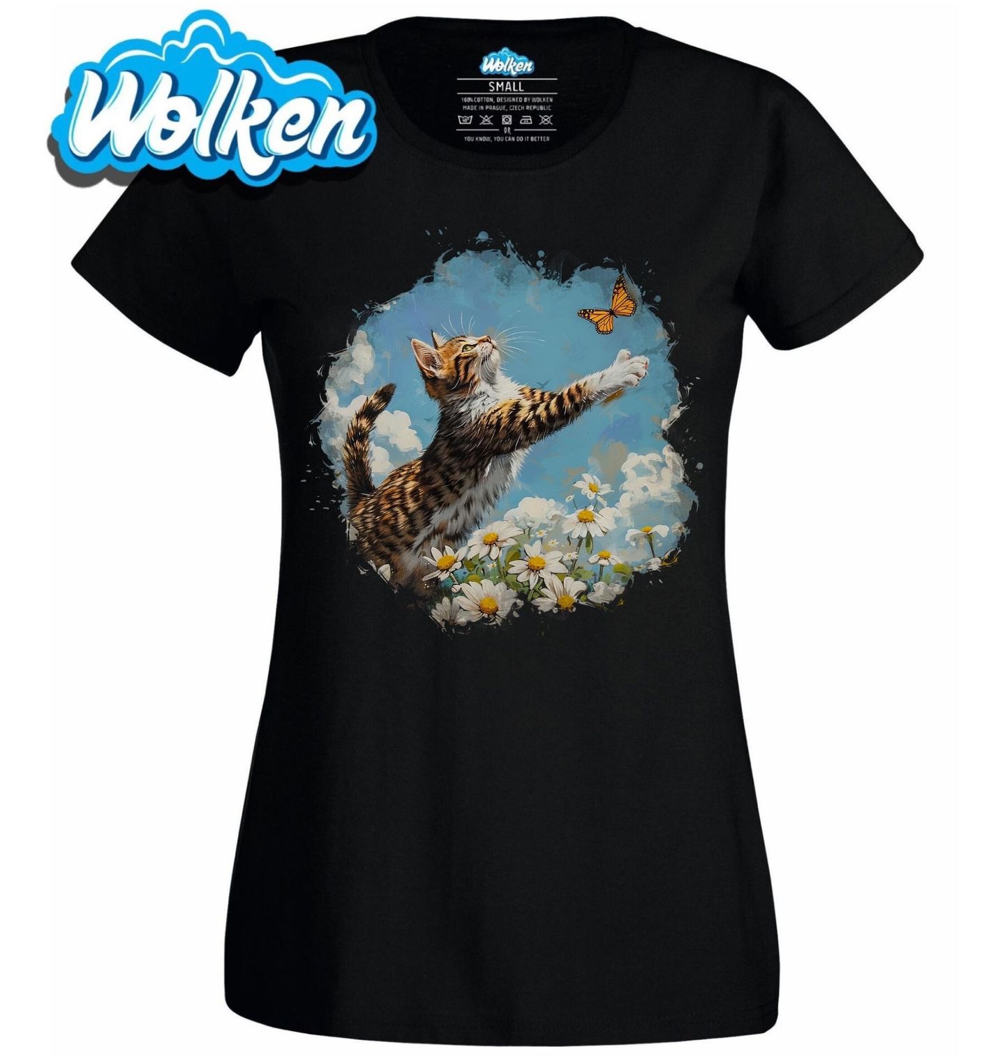 Dámské tričko Kočka a Motýl mezi Kopretinami.jpg