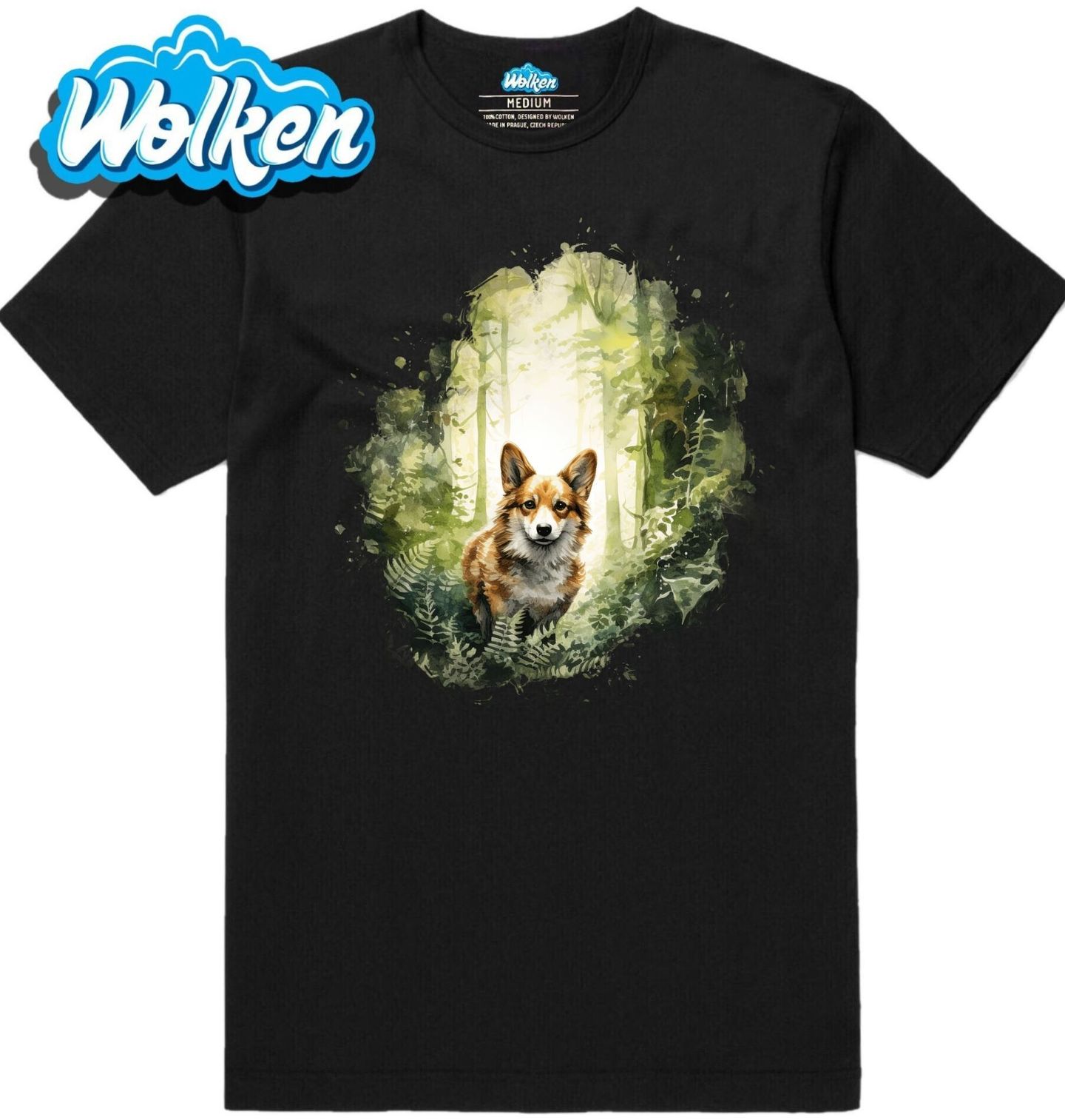 Pánské tričko Zvědavý Corgi v Lese.jpg