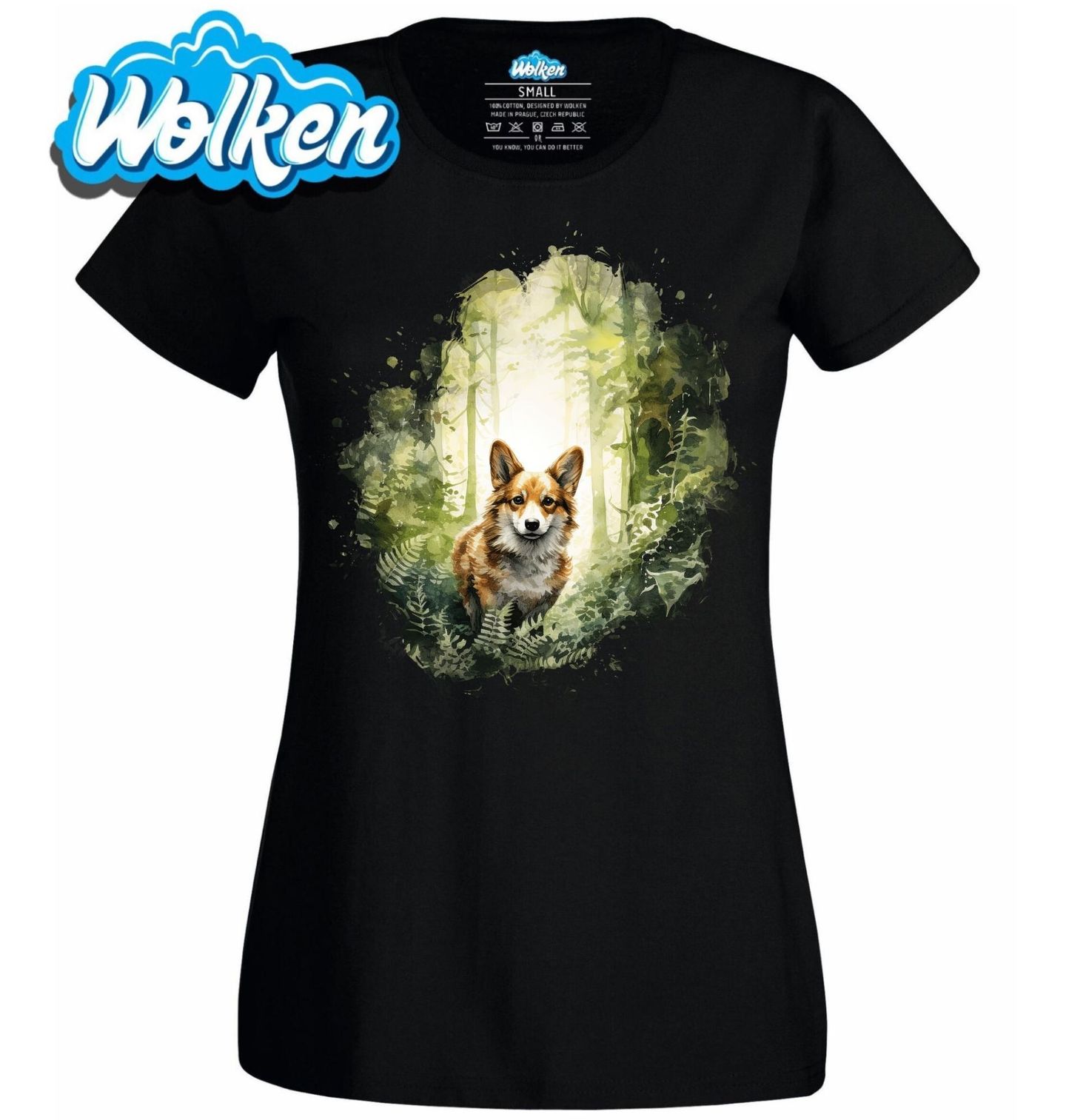 Dámské tričko Zvědavý Corgi v Lese.jpg