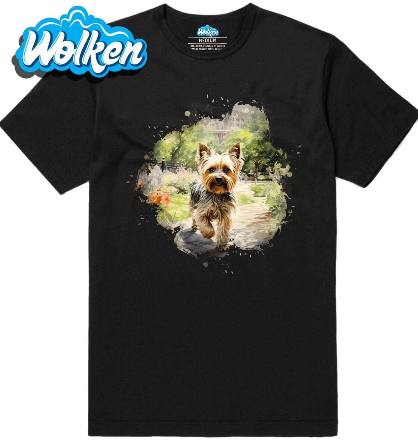 Pánské tričko Jorkšírský teriér ve Městě.jpg