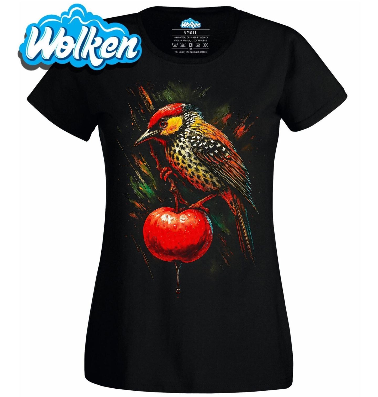 Dámské tričko Vousák červenožlutý na Jablku.jpg