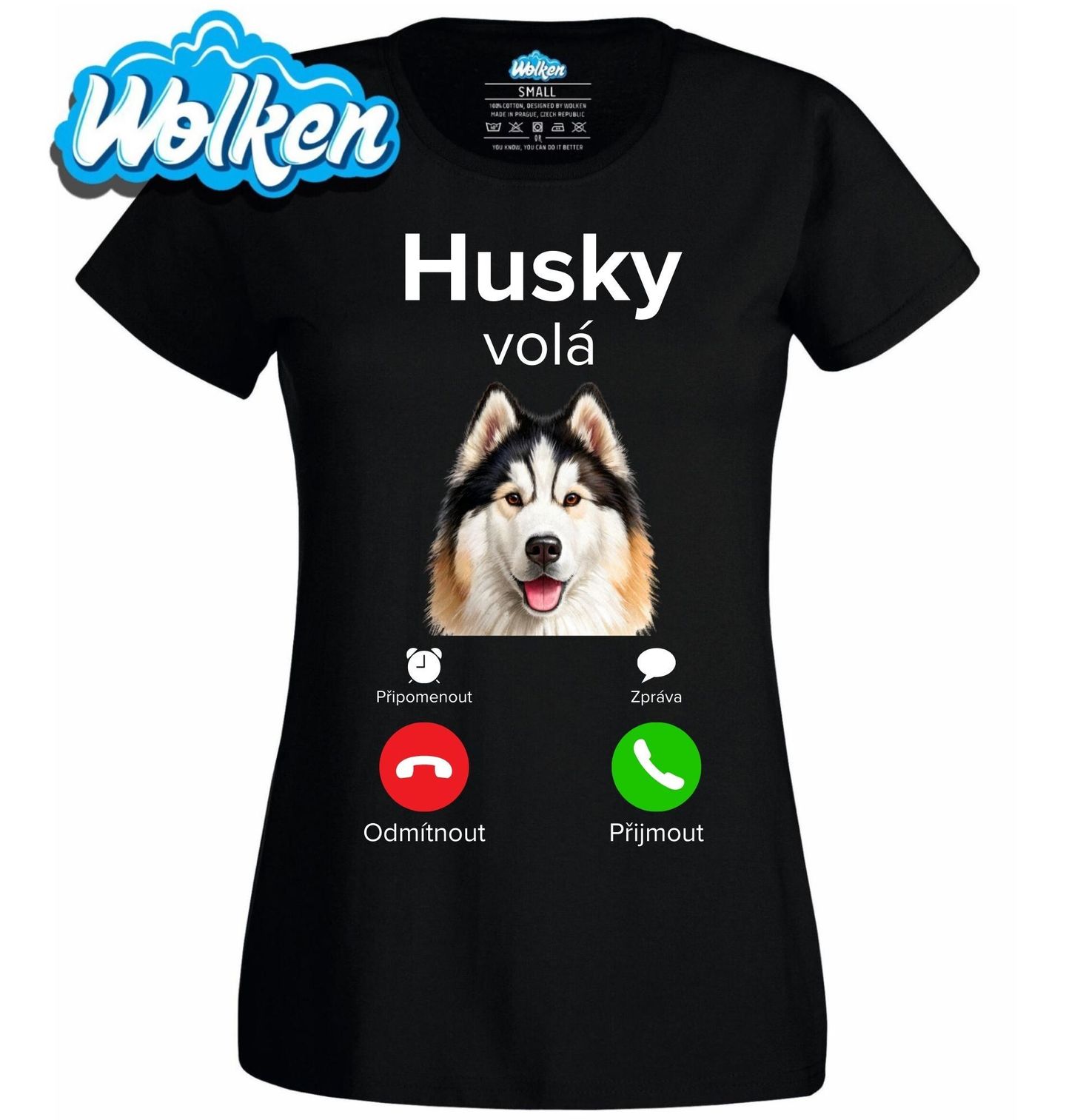 Dámské tričko Sibiřský husky volá Phone Call.jpg