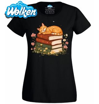 Dámské tričko Spící Oranžová Kočka na Knihách.jpg