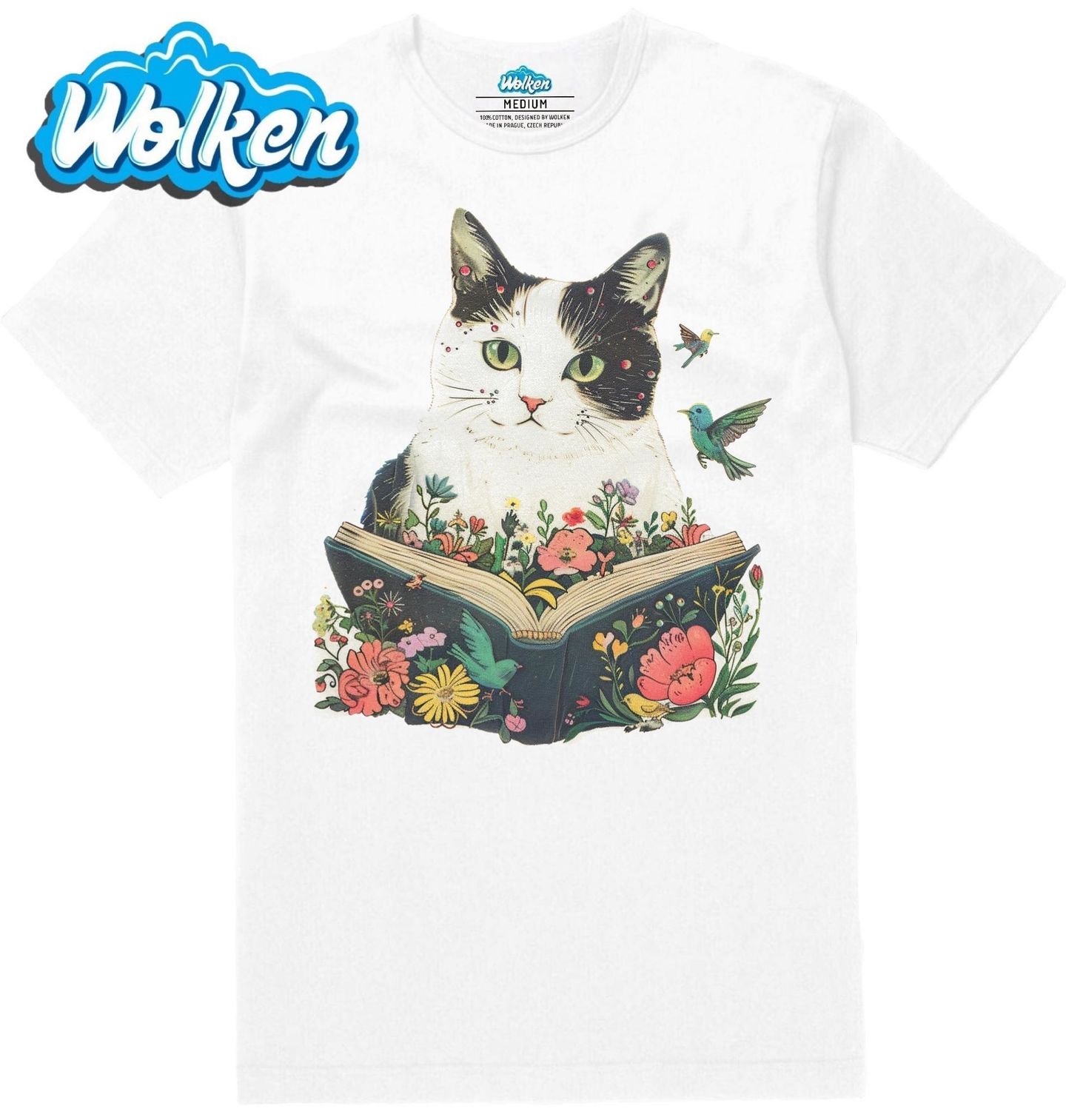 Pánské tričko  Kouzelná Kočka s Knihou a Ptáčky.jpg