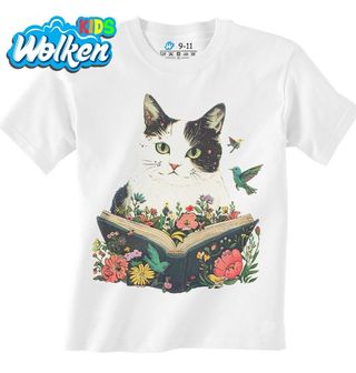 Dětské tričko Kouzelná Kočka s Knihou a Ptáčky.jpg