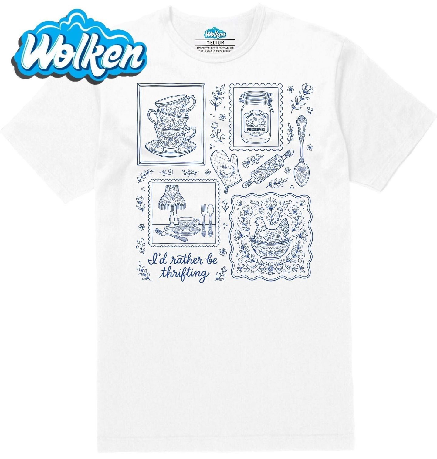 Pánské tričko Modrobílý Porcelán Folk I’d rather be thrifting.jpg