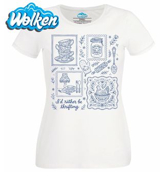 Dámské tričko Modrobílý Porcelán Folk I’d rather be thrifting.jpg