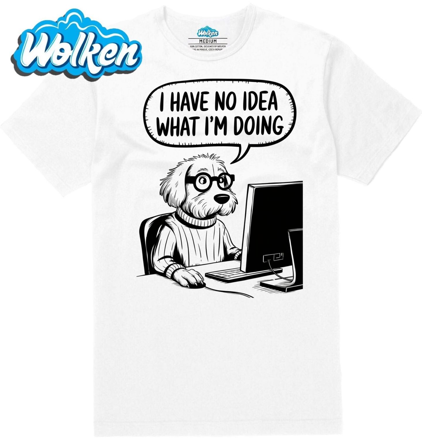 Pánské tričko Kancelářský Pes u Počítače Nemám vůbec tušení, co dělám.jpg