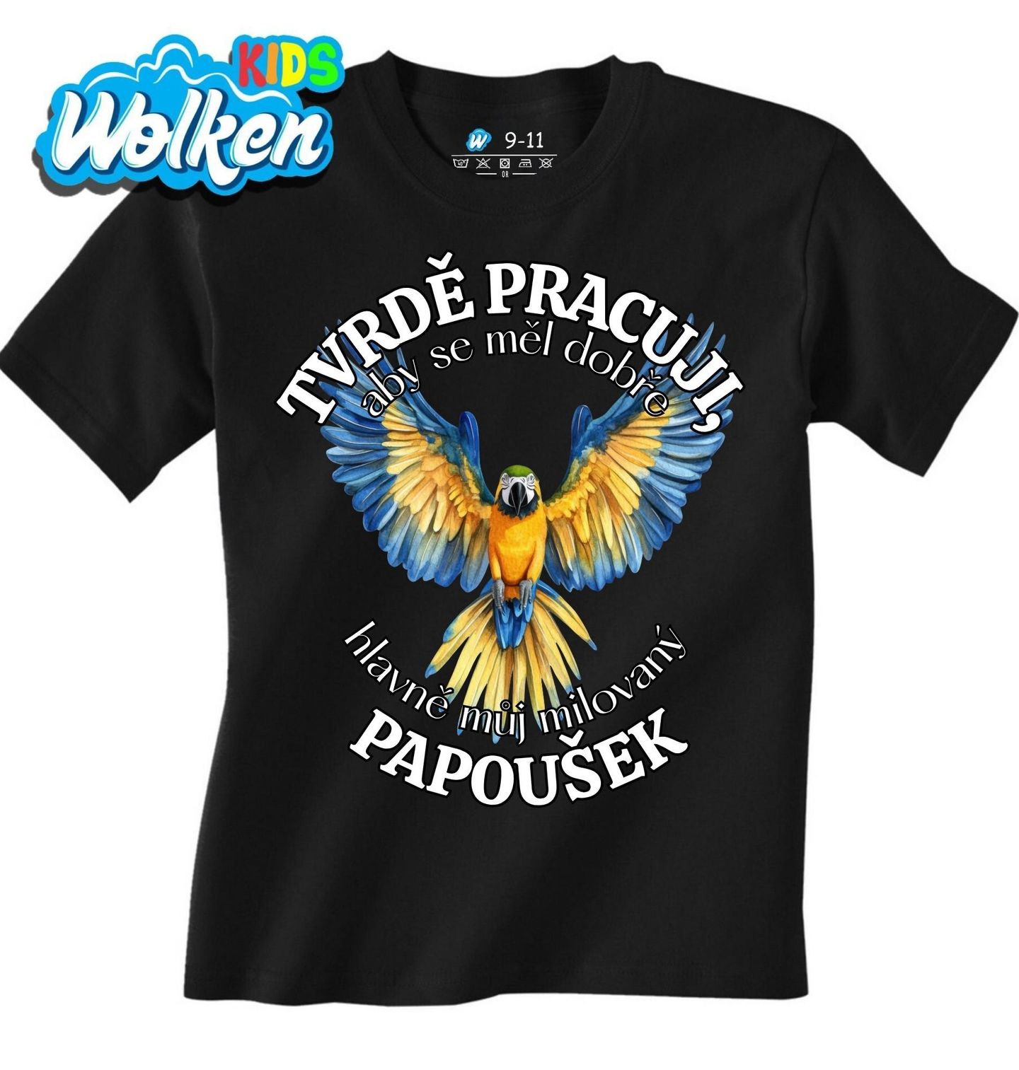 Dětské tričko Tvrdě pracuji, aby se měl dobře můj Papoušek Ara modrožlutý.jpg