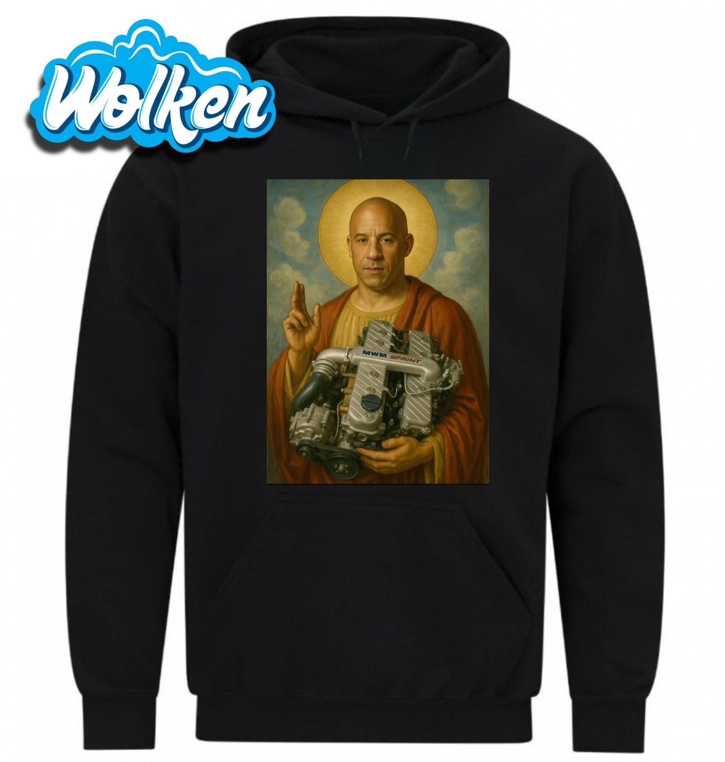 Mikina Svatý Dom Toretto Ježíš Motorů MWM Sprint.jpg