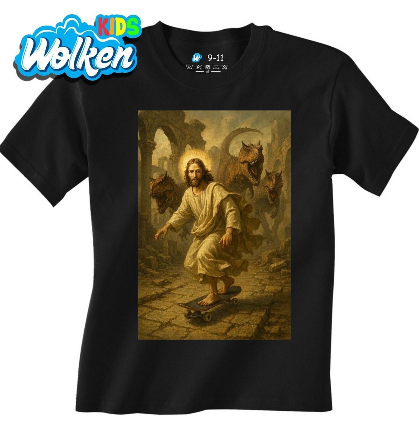 Dětské tričko Ježíš na Skateboardu Útěk před Dinosaury.jpg