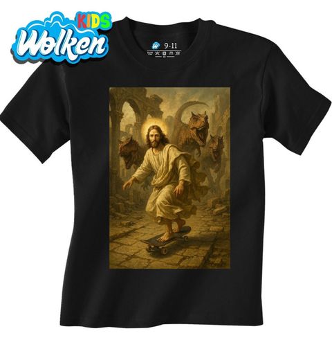 Obrázek produktu Dětské tričko Ježíš na Skateboardu Útěk před Dinosaury