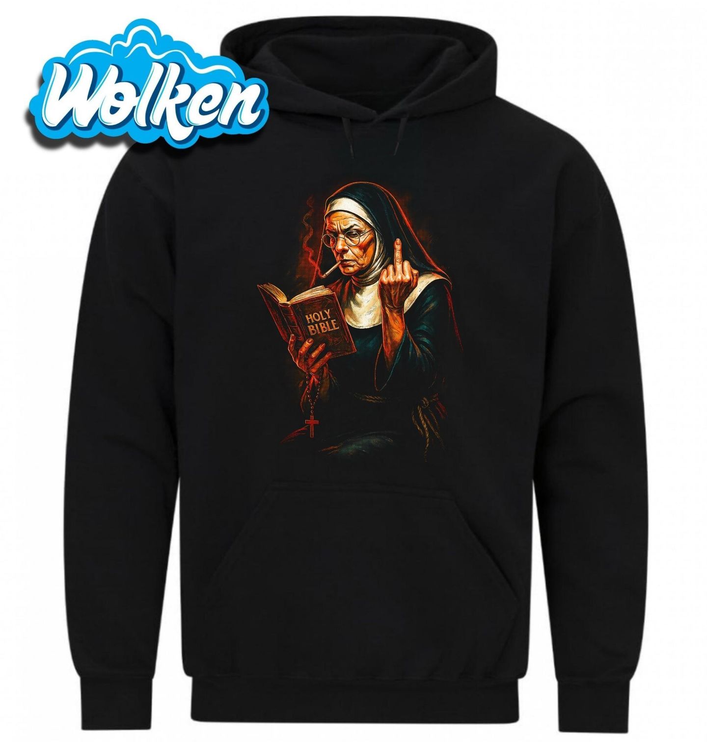 Mikina Hříšná Jeptiška s Prostředníčkem Holy Bible.jpg