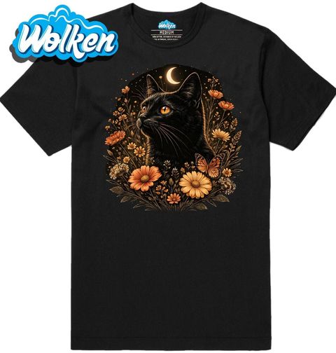 Obrázek produktu Pánské tričko Černá Kočka Měsíc a Oranžové Květy
