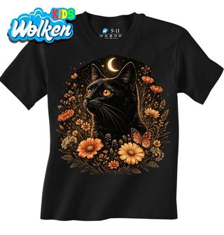 Dětské tričko Černá Kočka Měsíc a Oranžové Květy.jpg
