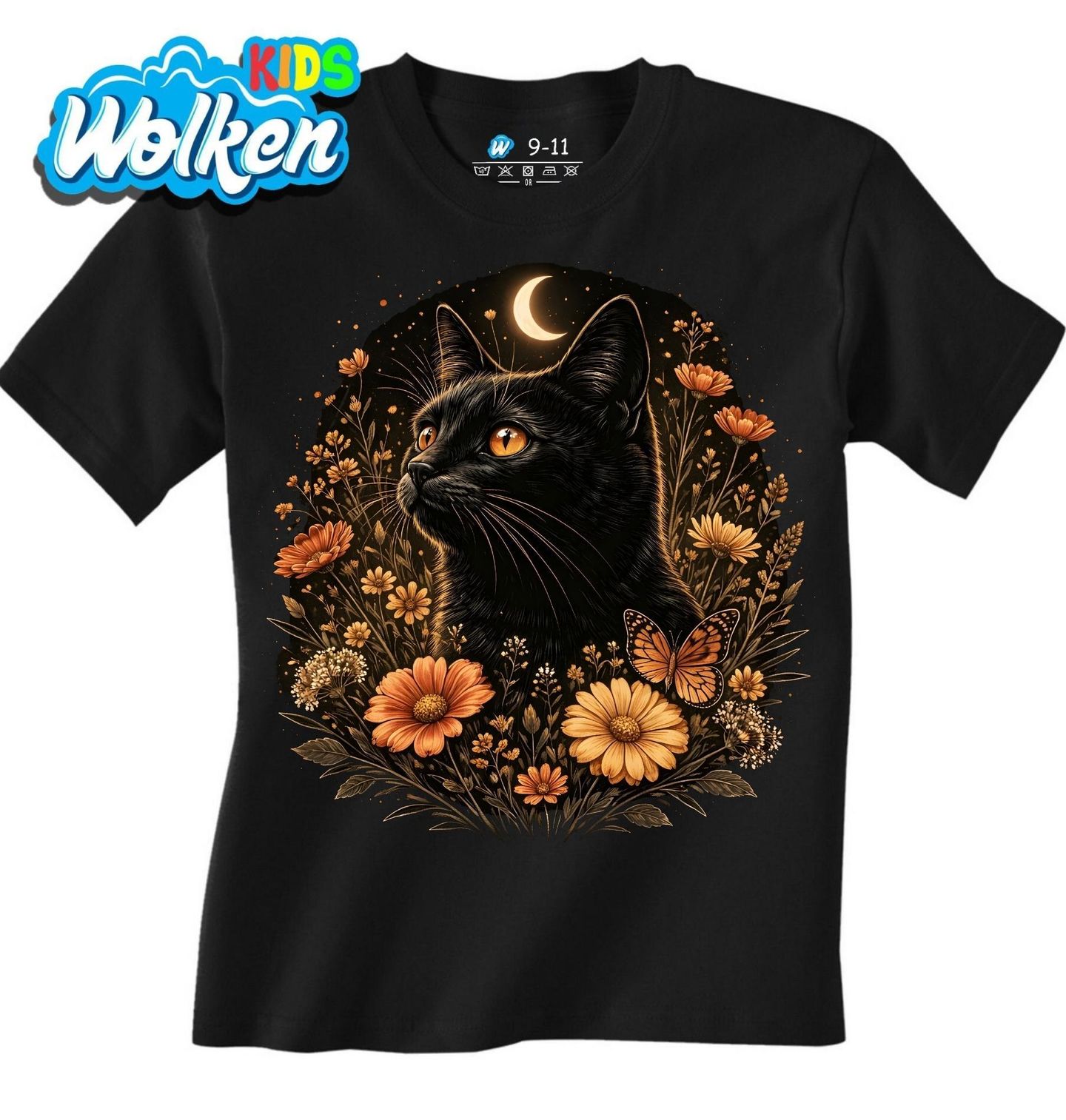 Dětské tričko Černá Kočka Měsíc a Oranžové Květy.jpg