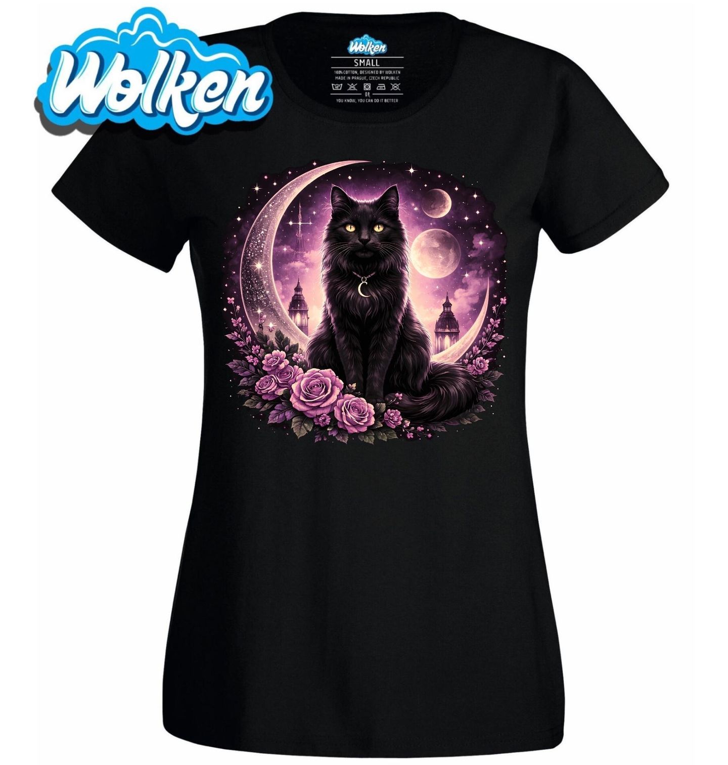 Dámské tričko Černá Kočka Fáze Měsíce v Růžové.jpg
