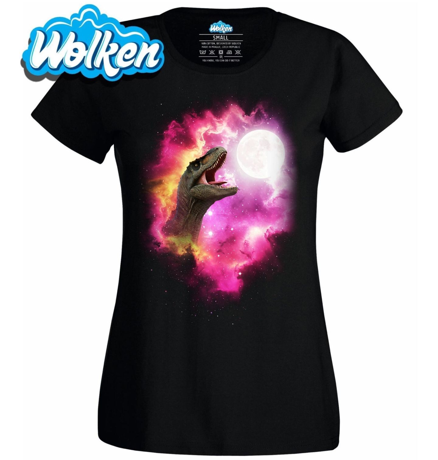 Dámské tričko Vesmírný T-Rex vyjící na Měsíc.jpg