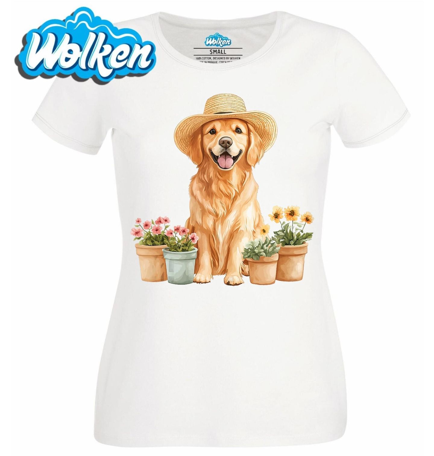 Dámské tričko Zahradní Zlatý Retrívr v Klobouku.jpg