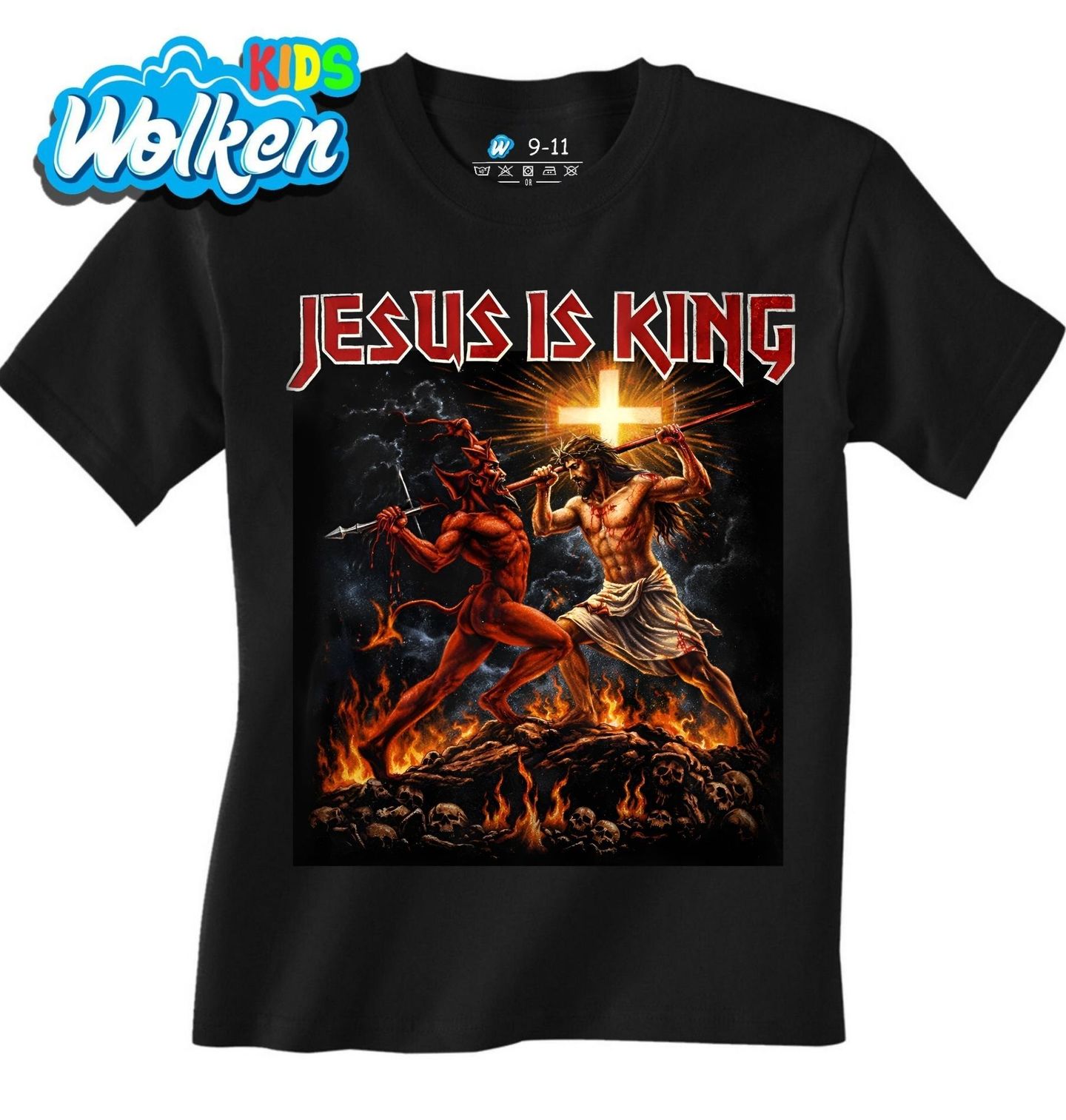 Dětské tričko Ježíš bojující s Ďáblem Jesus is King.jpg