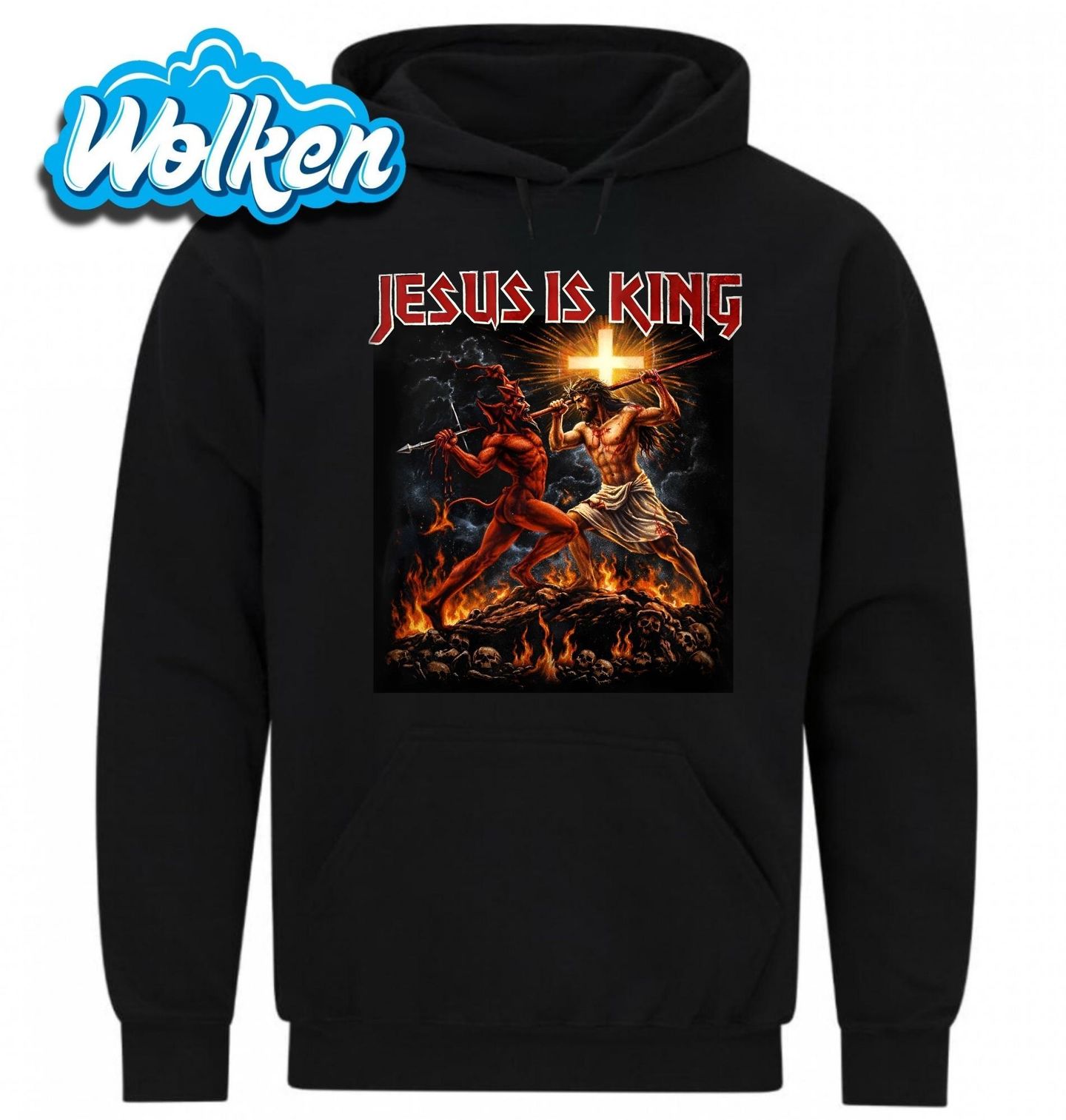 Mikina Ježíš bojující s Ďáblem Jesus is King.jpg