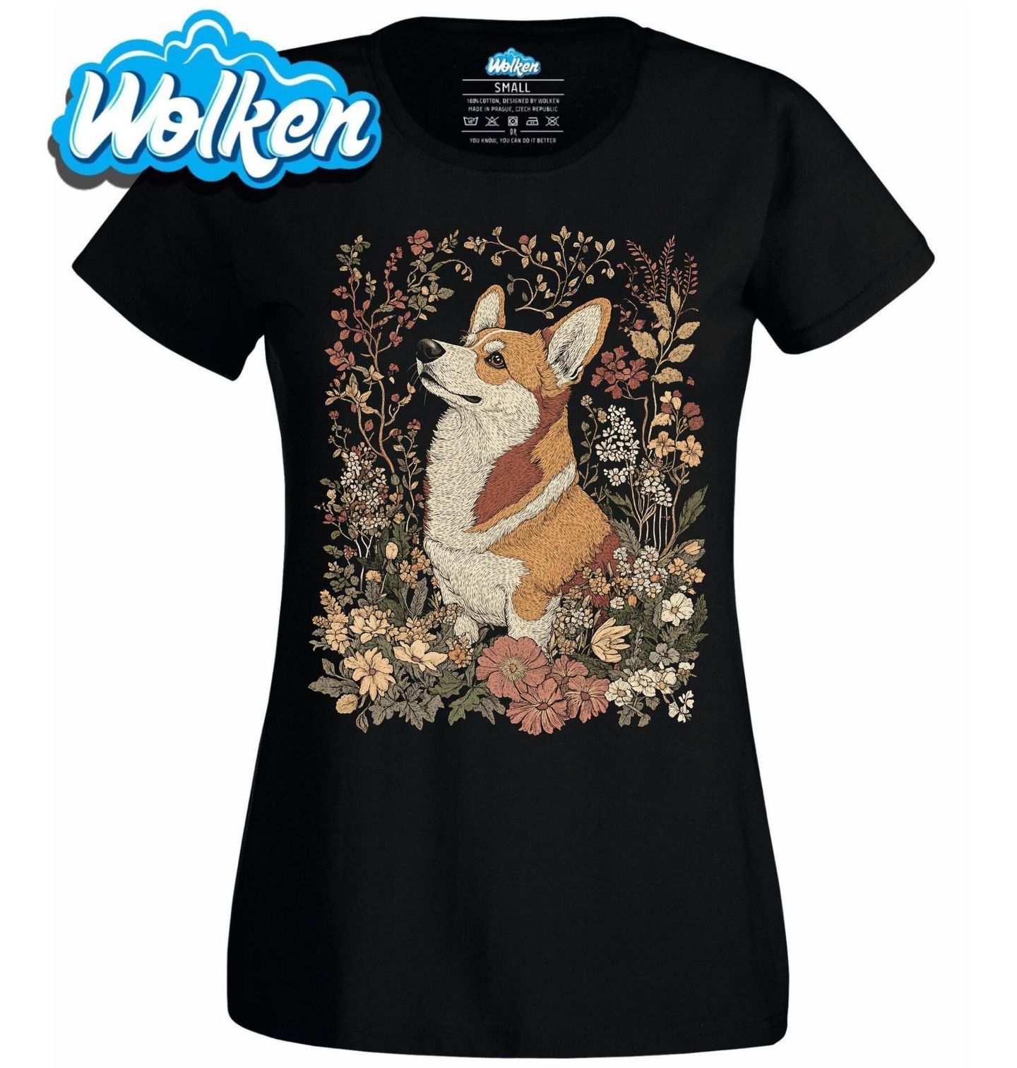 Dámské tričko Pes Corgi mezi Květinami.jpg