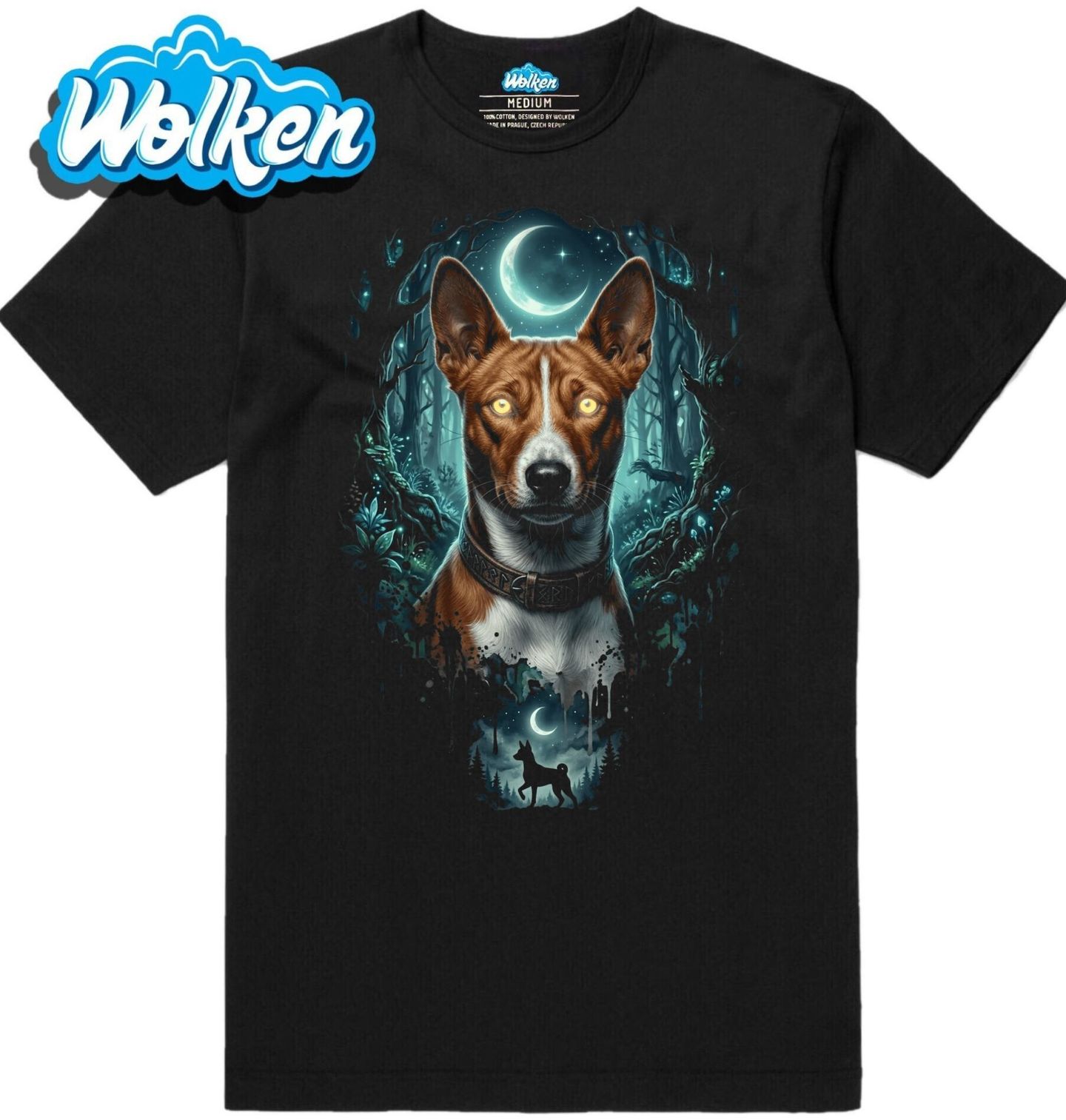 Pánské tričko Basenji v Tajemném Nočním Lese.jpg