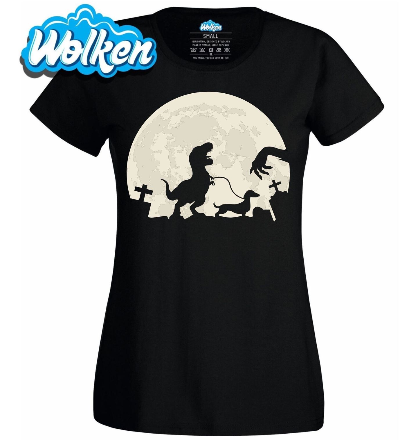 [cz] [produkt] [dámské tričko] [černá] [hlavní] Zombie T-Rex a Jezevčík.jpg