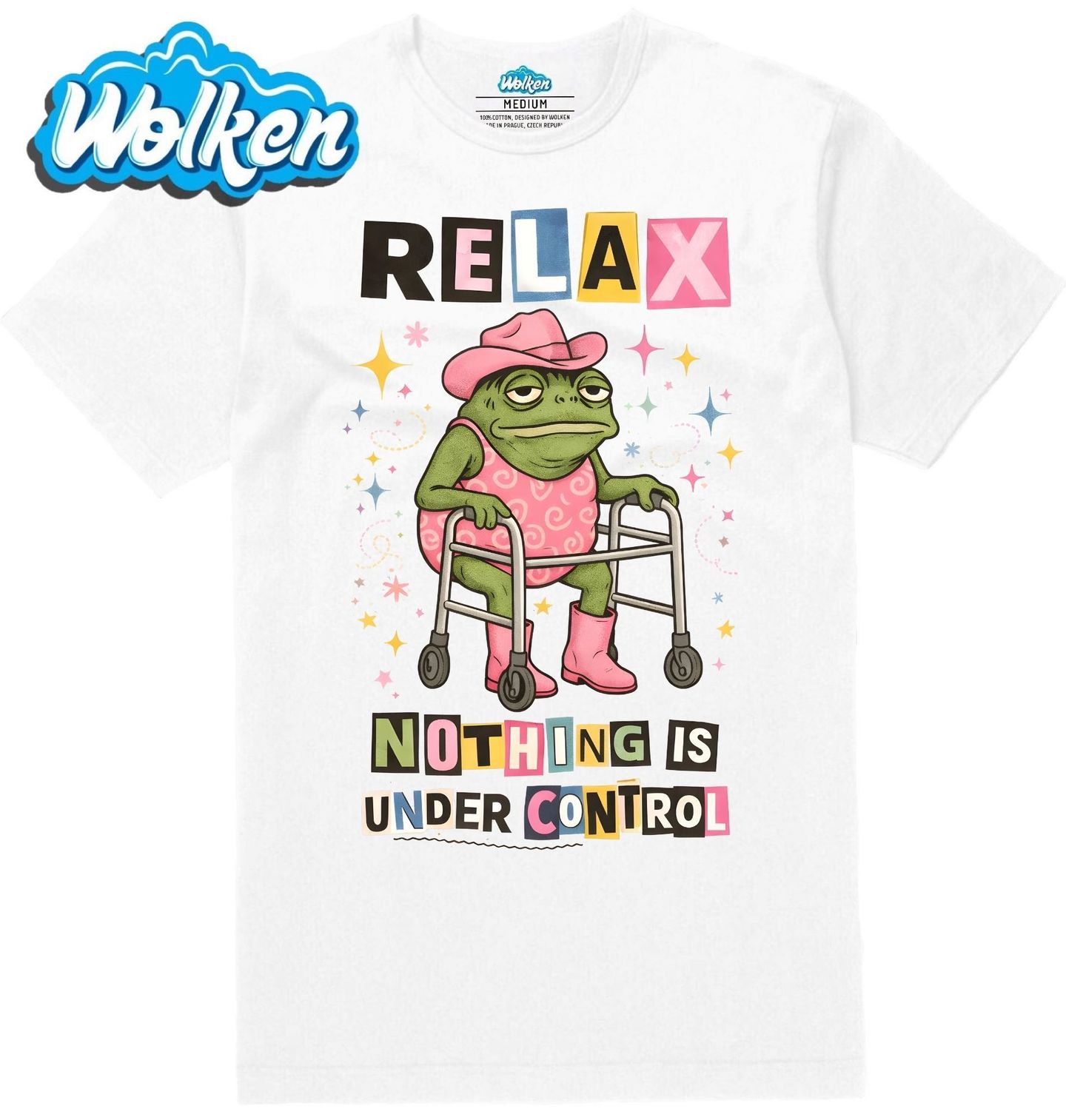 [cz] [produkt] [pánské tričko] [bílá] [hlavní] Žába Relax, Nic Není pod Kontrolou.jpg