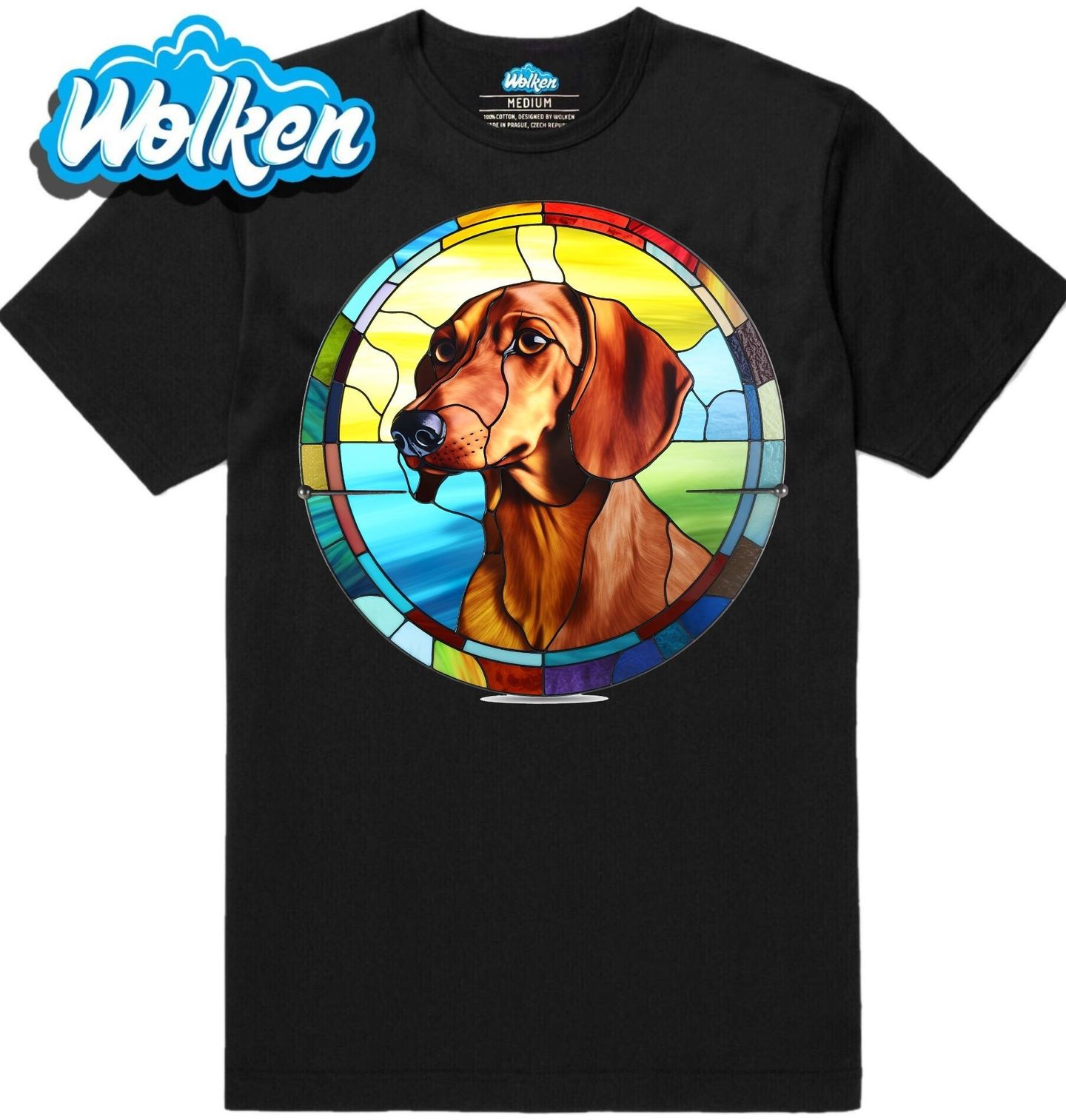 [cz] [produkt] [pánské tričko] [černá] [hlavní] Jezevčík ve Vitráži.jpg