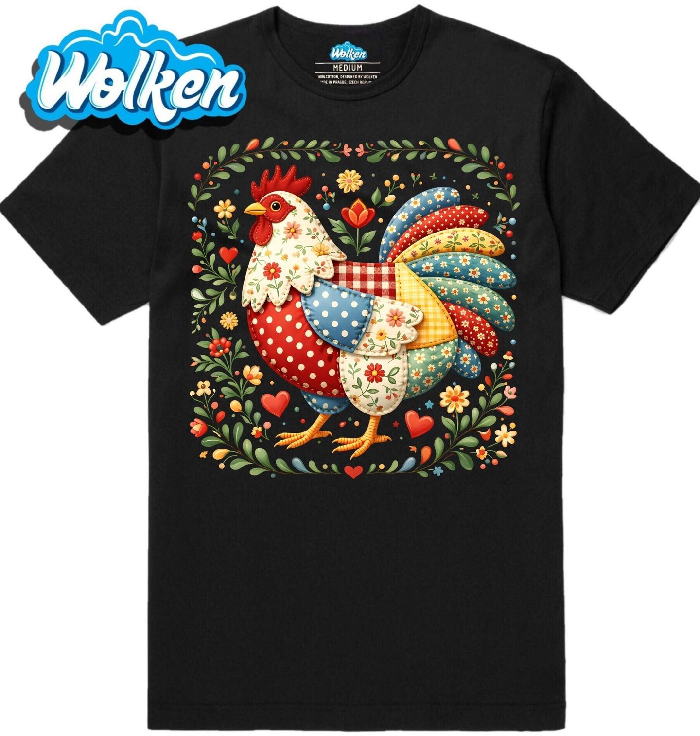 [cz] [produkt] [pánské tričko] [černá] [hlavní] Květinová Slepice Folk.jpg