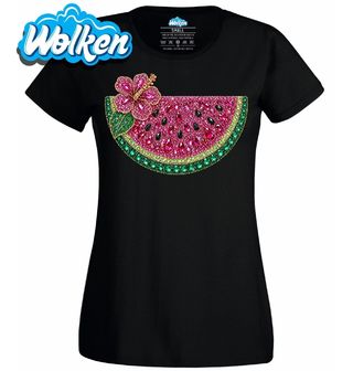 [cz] [produkt] [dámské tričko] [černá] [hlavní] Třpytivý Meloun s Květem Ibišku Rhinestone.jpg