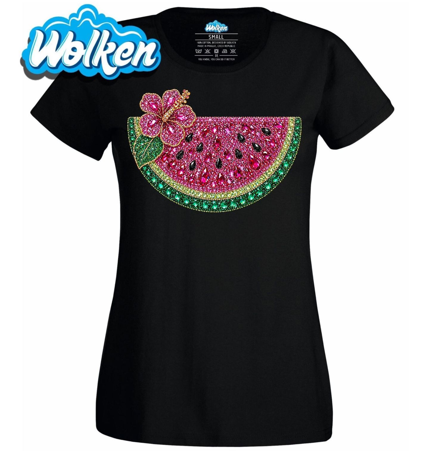 [cz] [produkt] [dámské tričko] [černá] [hlavní] Třpytivý Meloun s Květem Ibišku Rhinestone.jpg