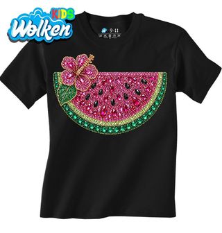 [cz] [produkt] [dětské tričko] [černá] [hlavní] Třpytivý Meloun s Květem Ibišku Rhinestone.jpg