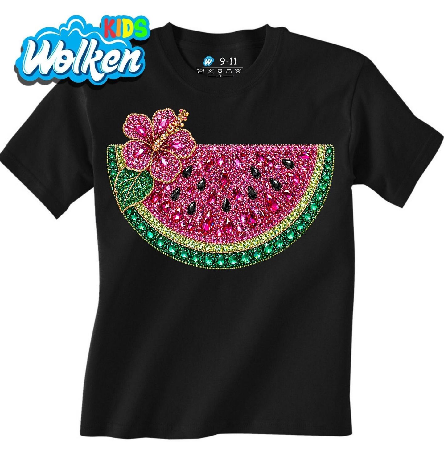 [cz] [produkt] [dětské tričko] [černá] [hlavní] Třpytivý Meloun s Květem Ibišku Rhinestone.jpg
