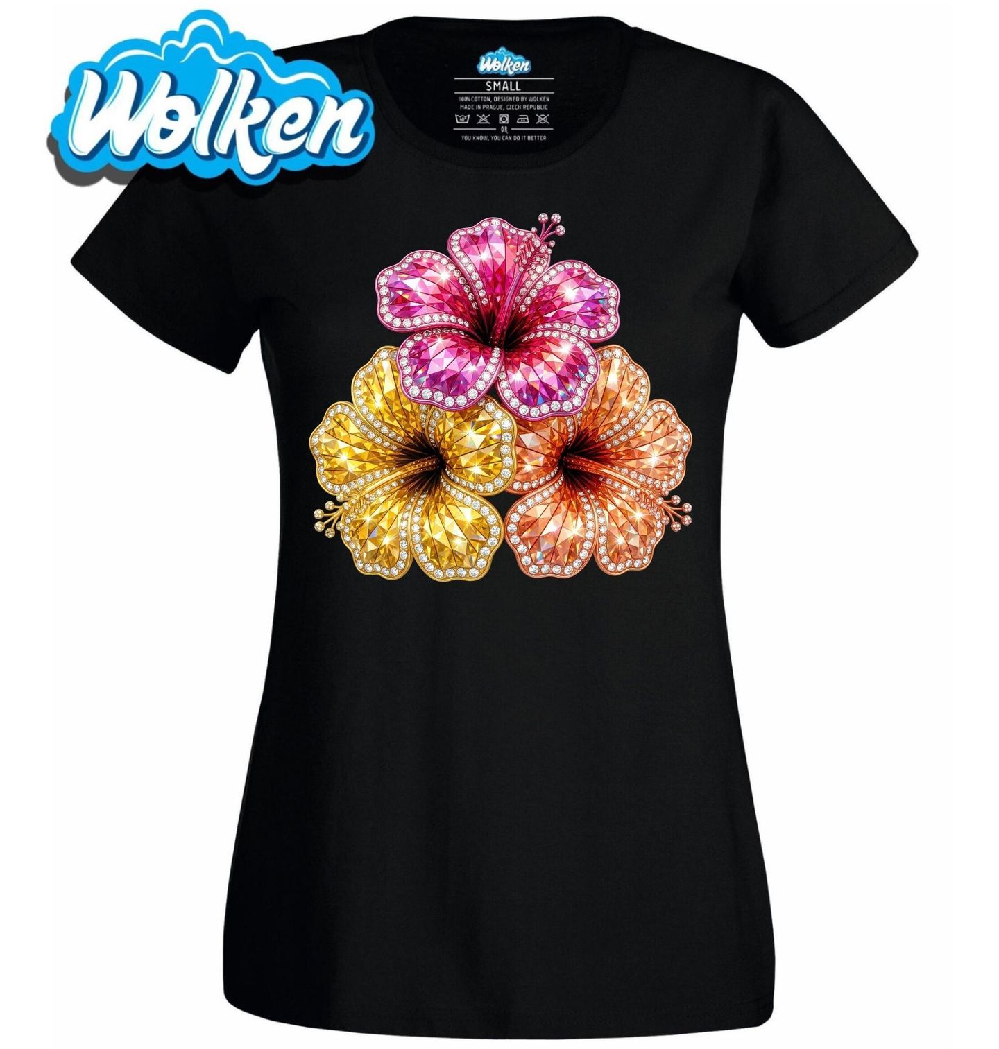 [cz] [produkt] [dámské tričko] [černá] [hlavní] Třpytivé Květy Ibišku Rhinestone.jpg