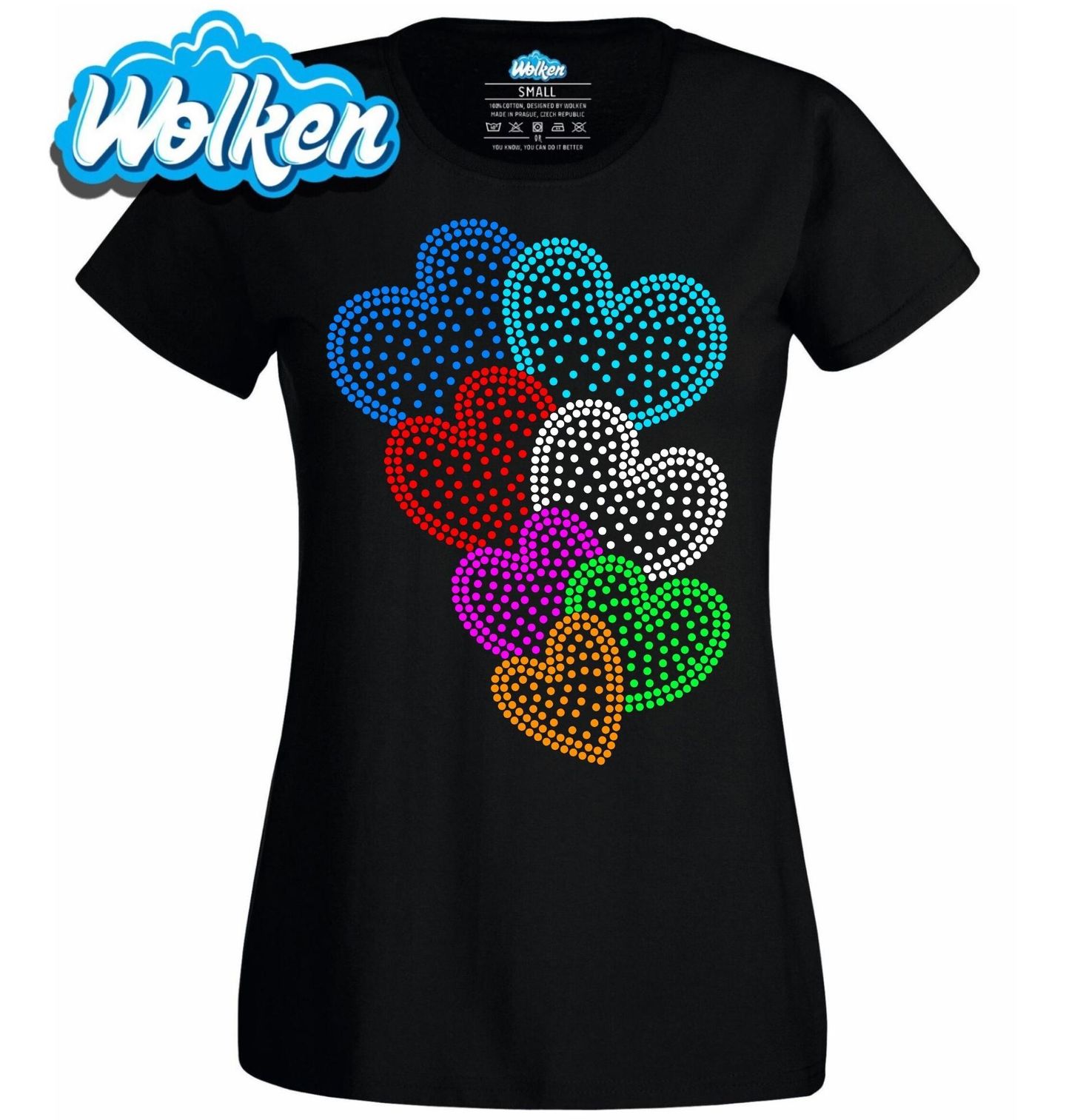 [cz] [produkt] [dámské tričko] [černá] [hlavní] Barevná Srdce z Teček Rhinestone.jpg