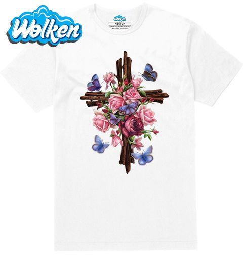 Obrázek produktu Pánské tričko Dřevěný kříž, motýli a růže