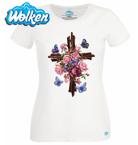 Obrázek produktu Dámské tričko Dřevěný kříž, motýli a růže